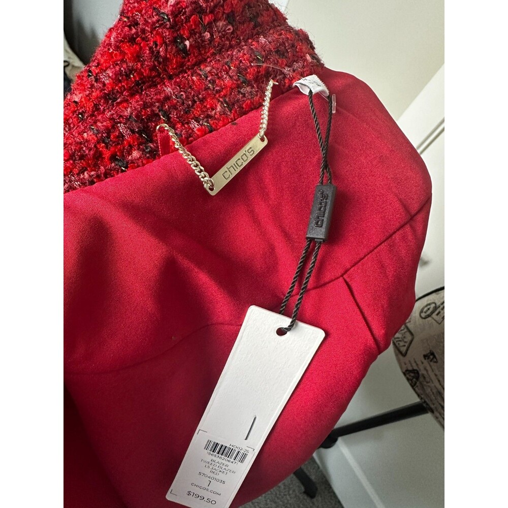 Chico's Red Tweed Blazer Jacket Fringe Metallic Open Front Women's US 1 (8) - Picture 7 of 8